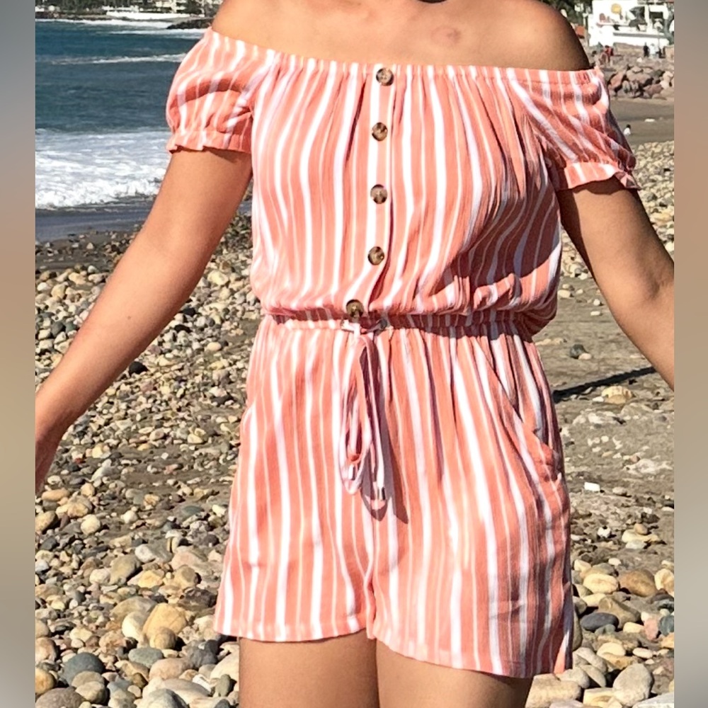 Guess Orange Coral White Strip Romper with Pockets Xtra Small